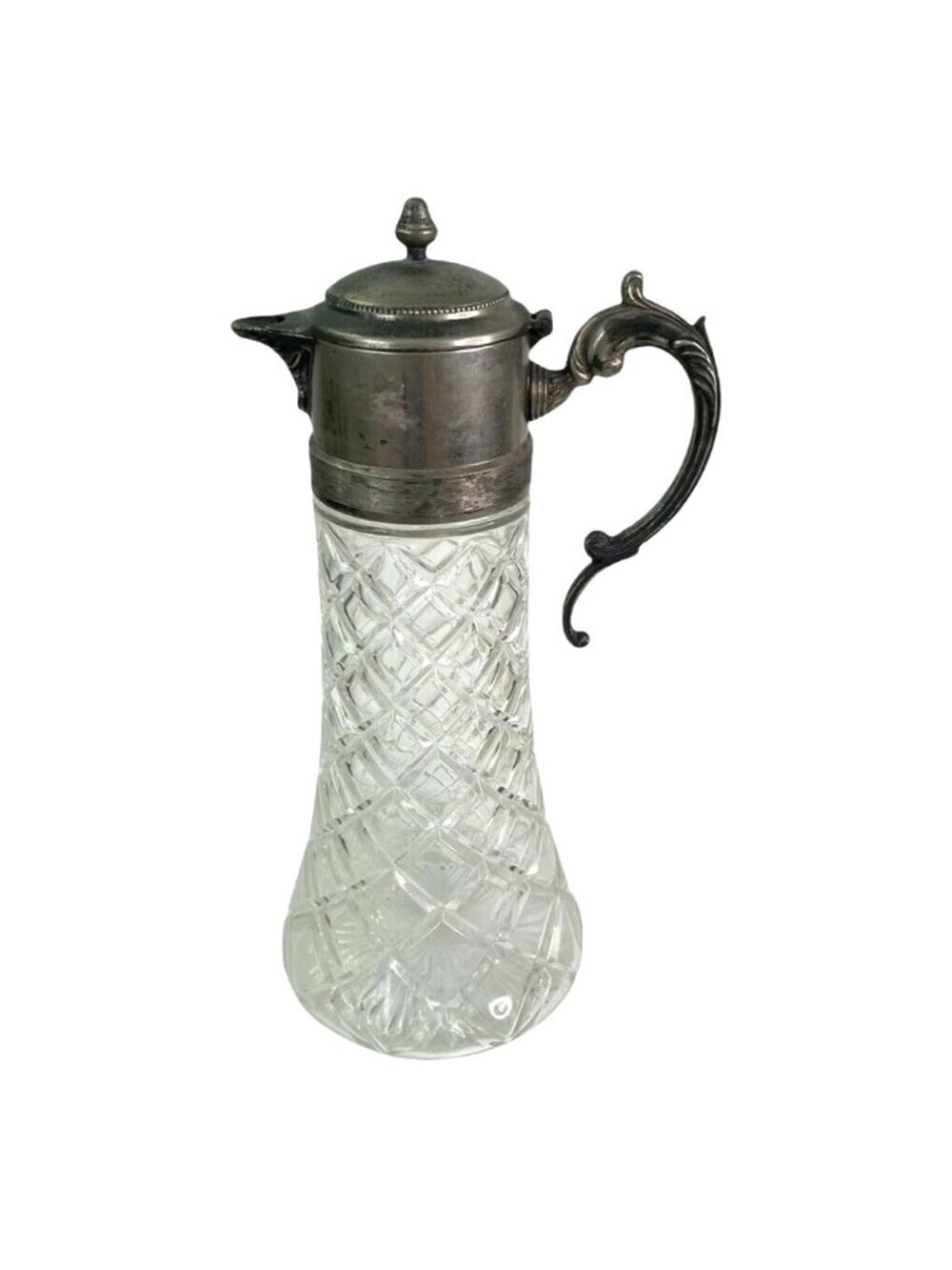 Vintage Glass Claret Carafe Pitcher Ewer Diamond Cut Silver Plate Lid Handle 14"